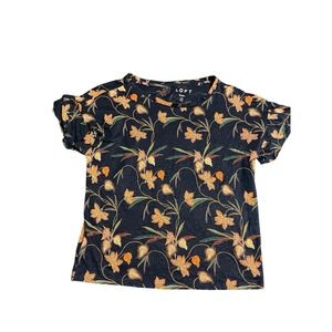 LOFT 100% Linen Floral Ruffle Sleeve Top Womens XS Navy Blue Orange Botanical